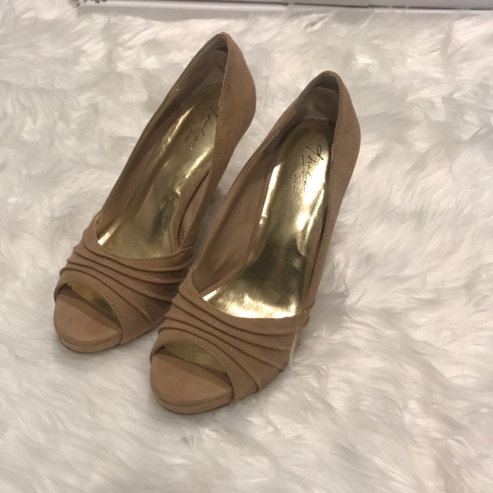 Nude suede stacked heels